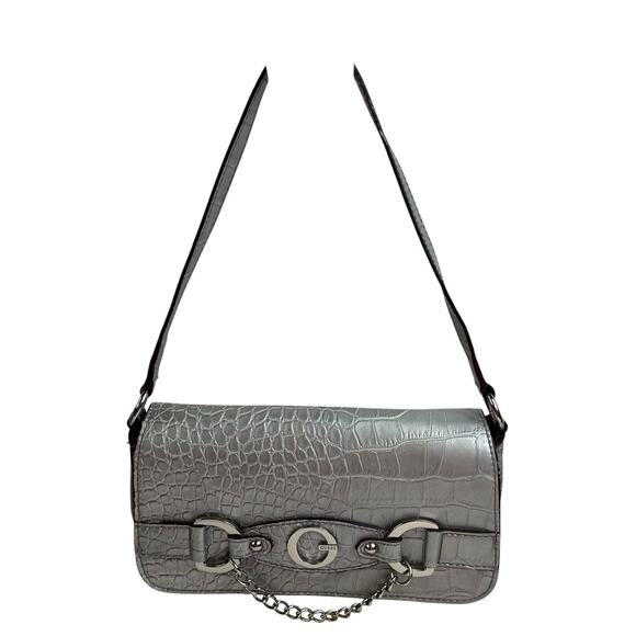Vtg Y2K Guess Mini Bag Silver Croc Embossed Chain Accent Purse Handbag Retro - Picture 1 of 16